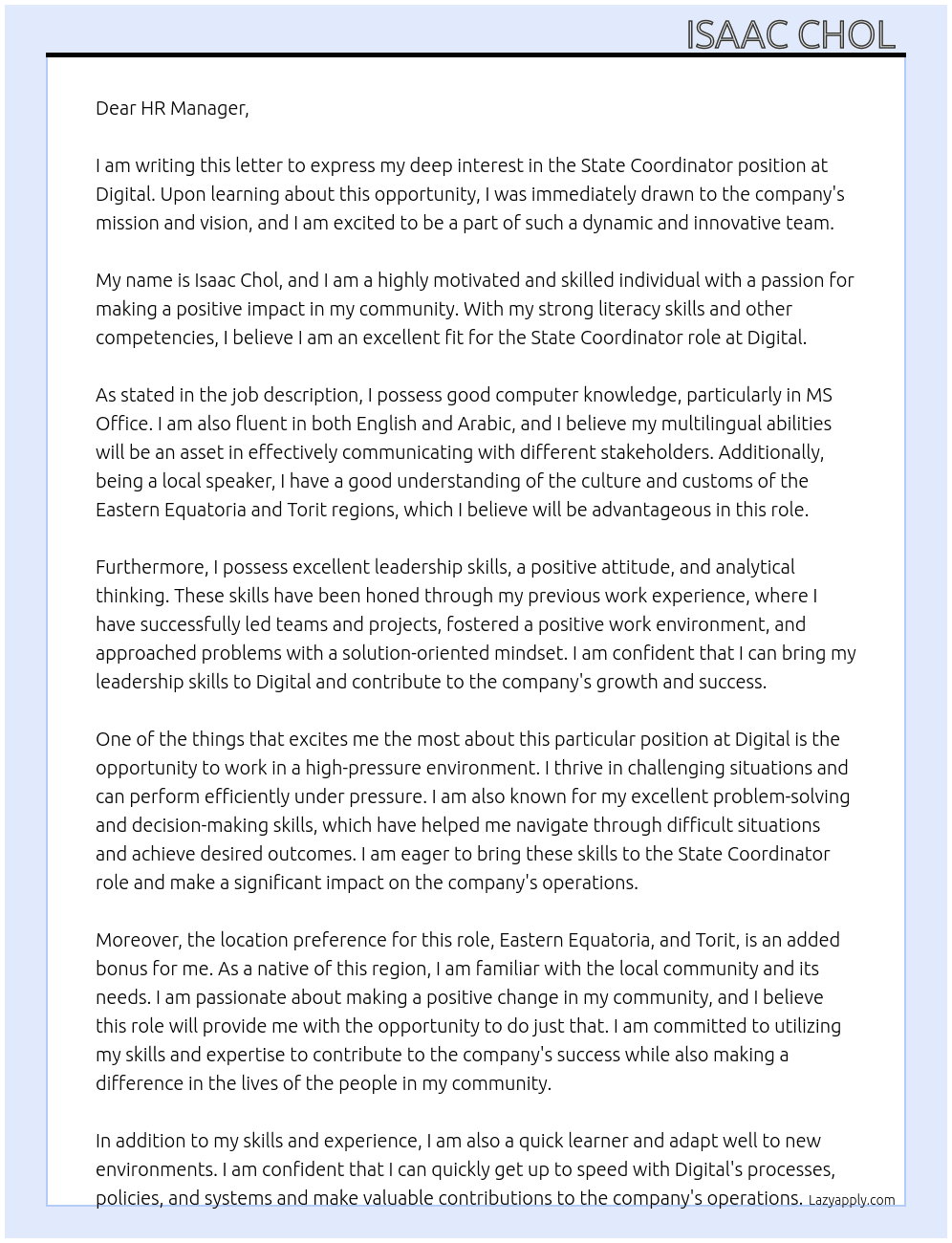 State Coordinator  At Digital  Cover Letter