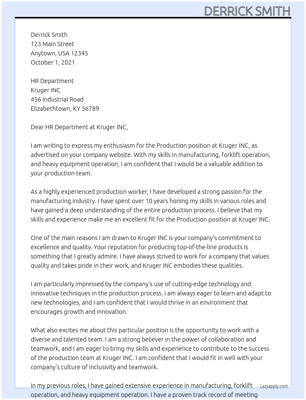 Production  At Kruger INC Cover Letter