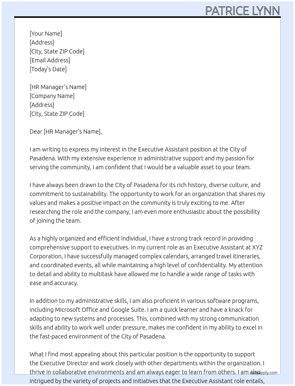 Executive Assistant At City of Pasadena Cover Letter