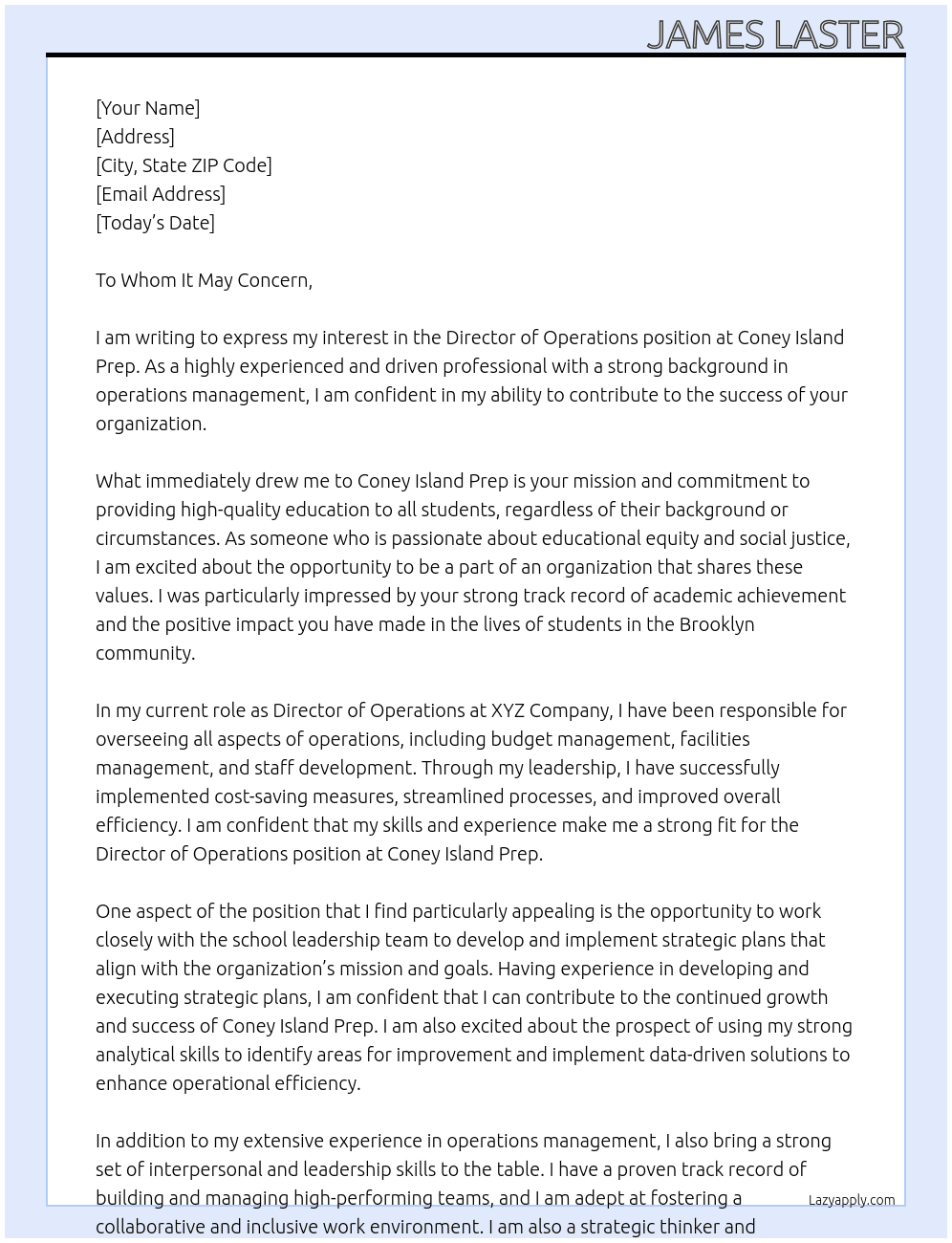 Director of Operations At Coney Island Prep Cover Letter