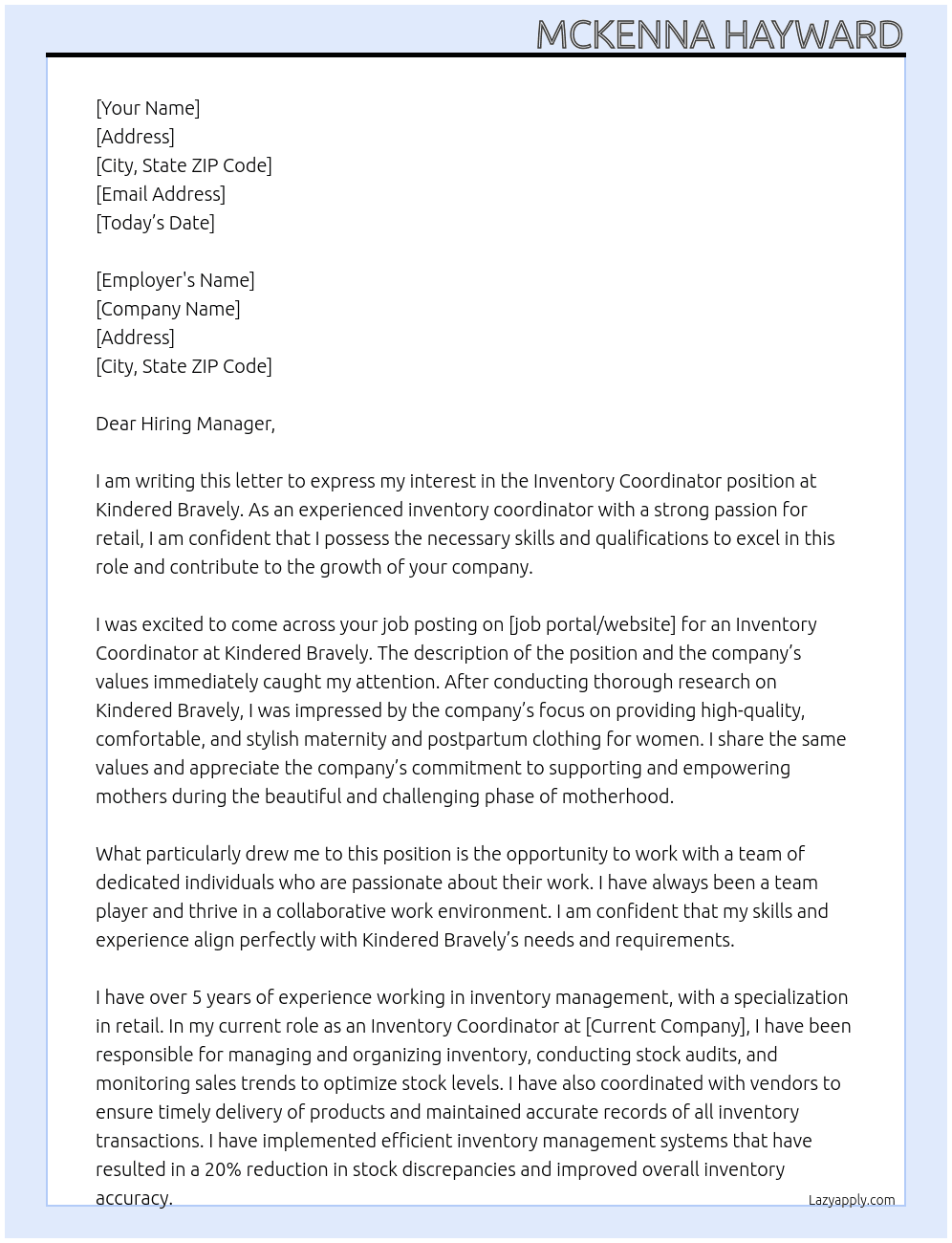 Inventory Coordinatory At Kindered Bravely Cover Letter