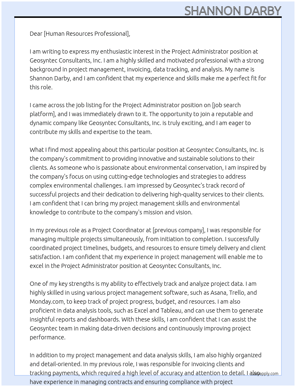 Project Administrator At Geosyntec Consultants, Inc. Cover Letter