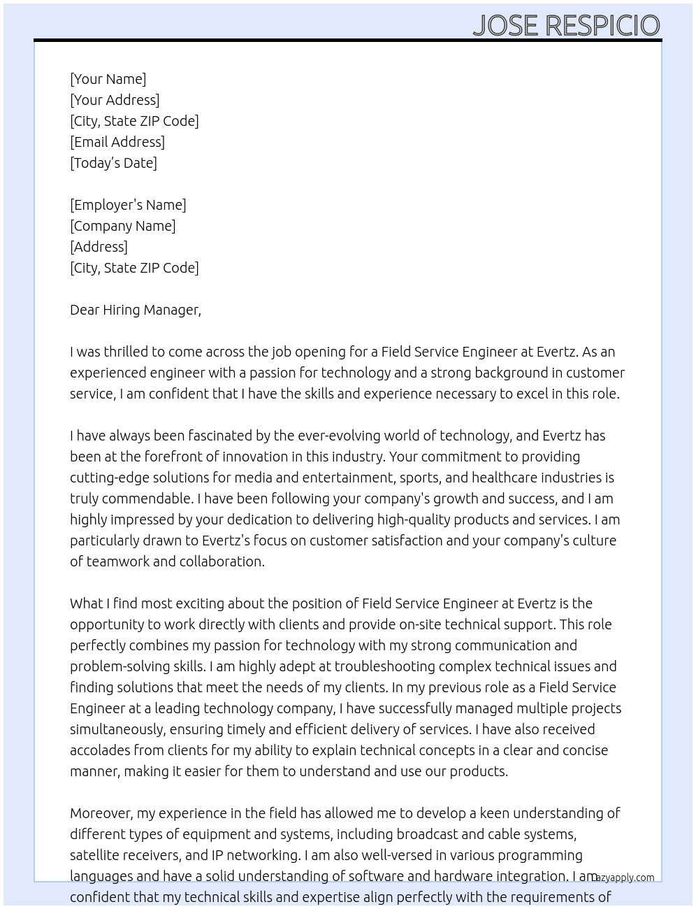 Field Service Engineer At  Evertz Cover Letter