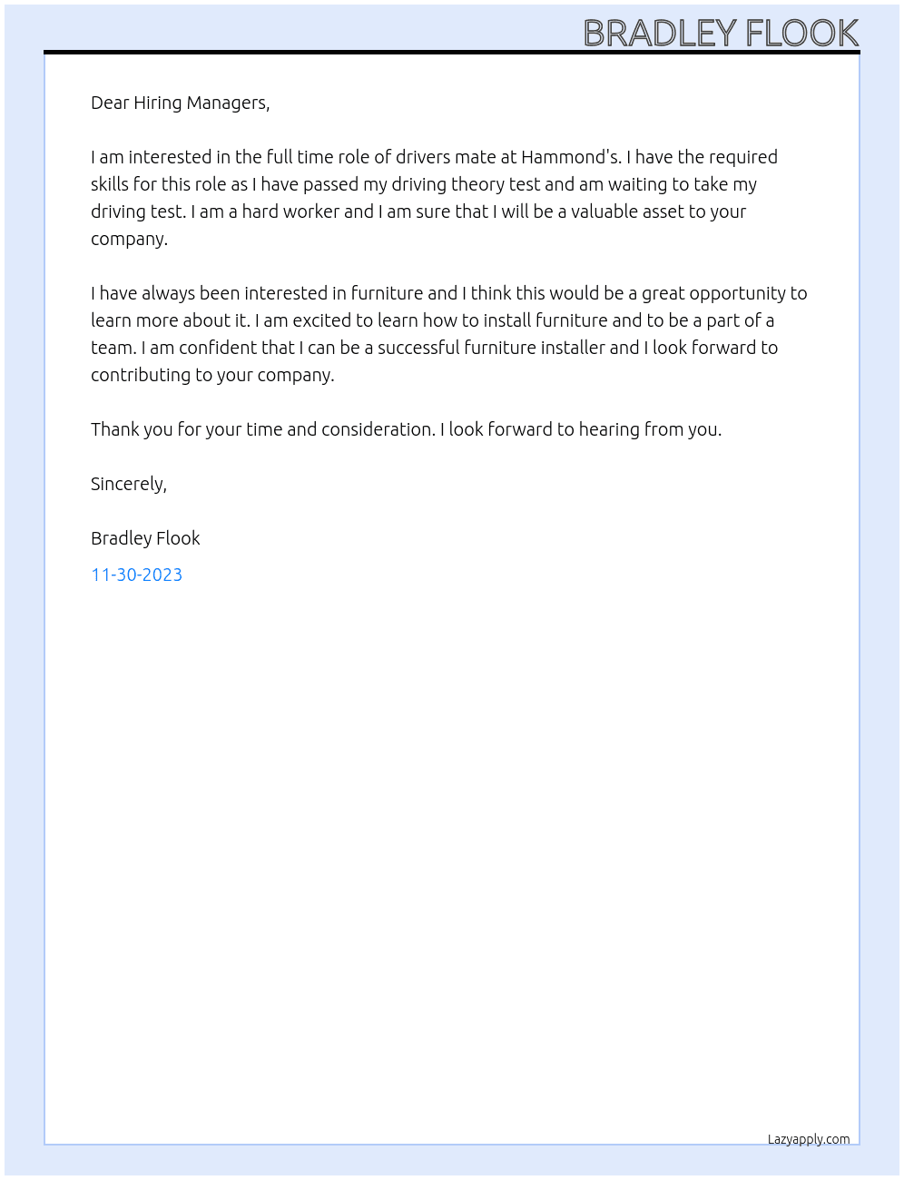 Furniture installer  At Hammond's  Cover Letter