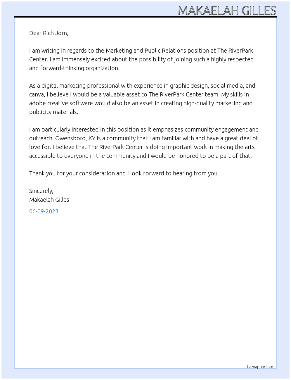 Marketing and Public Relations At The RiverPark Center Cover Letter