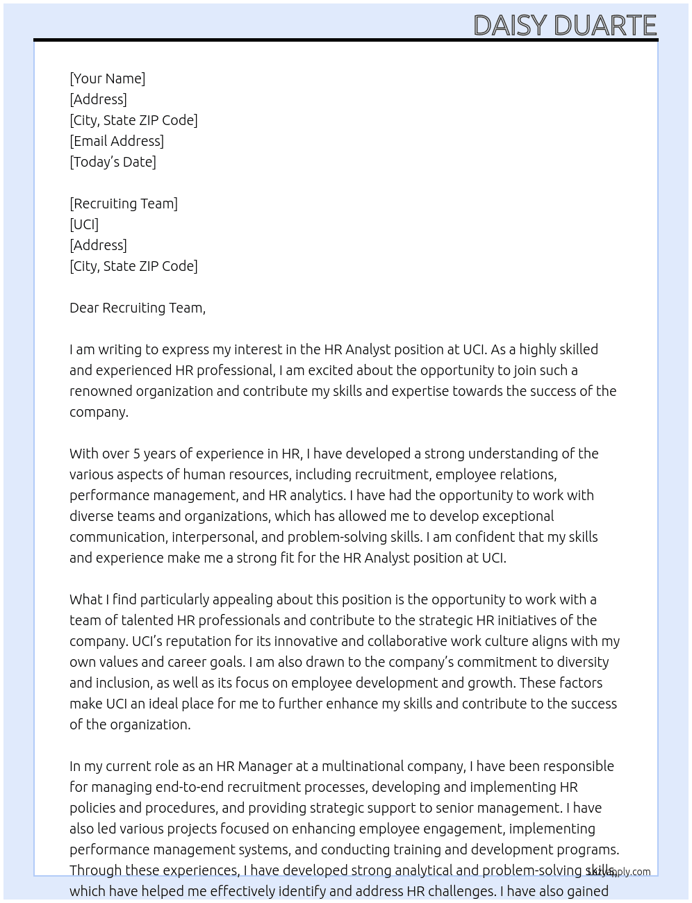 HR Analyst At UCI Cover Letter