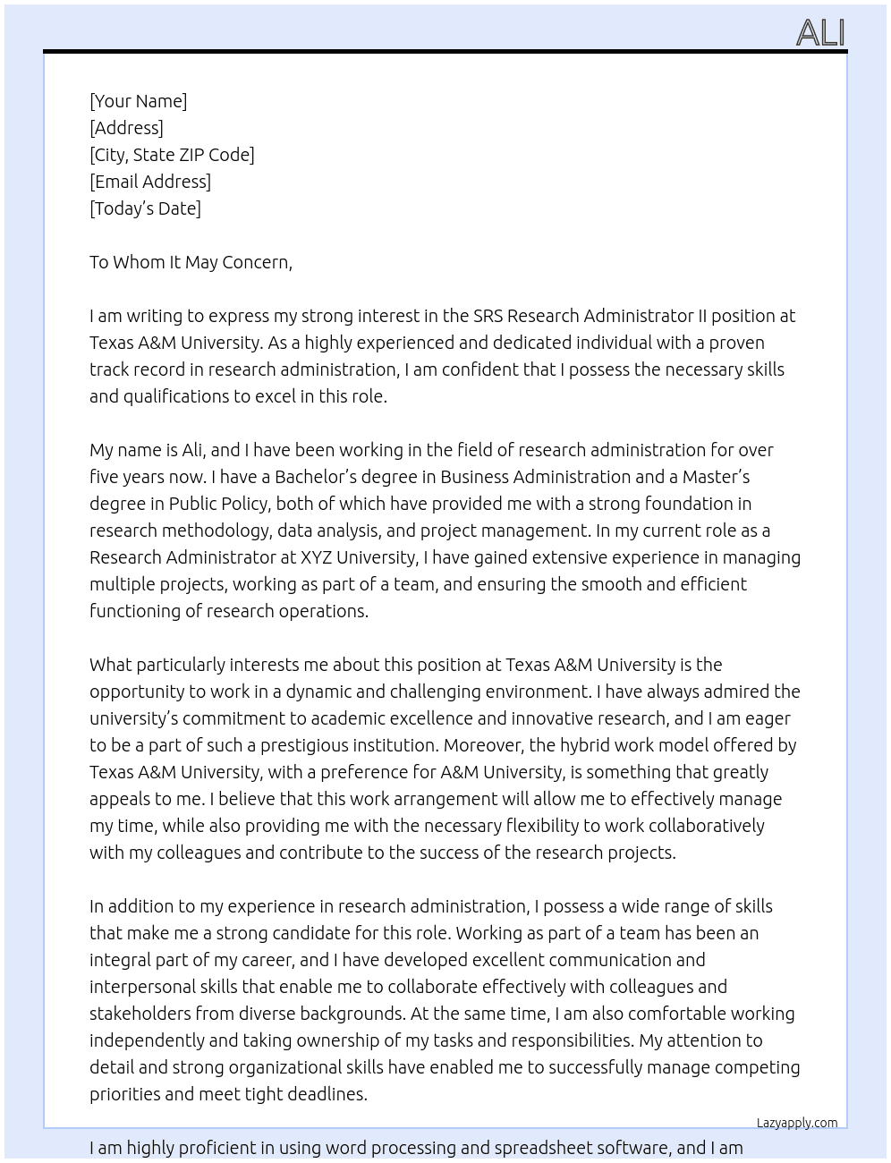 SRS Research Administrator II At Texas A&M University Cover Letter