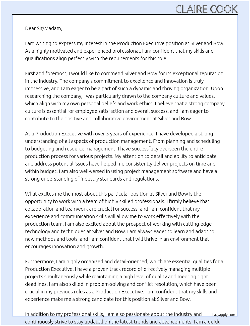 Production Executive  At Silver and Bow Cover Letter