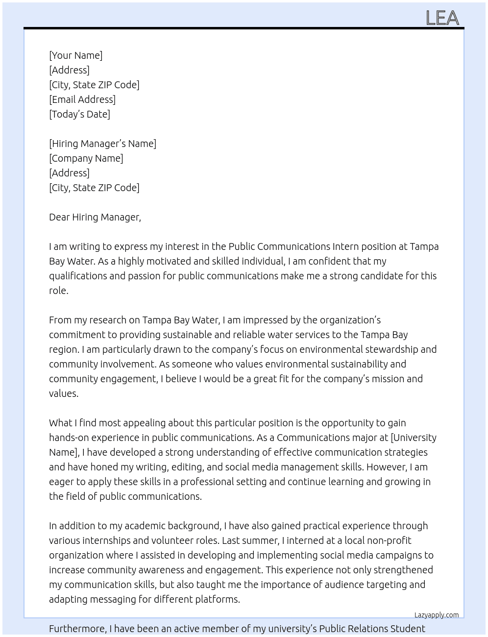 Public Communications Intern At Tampa Bay Water Cover Letter