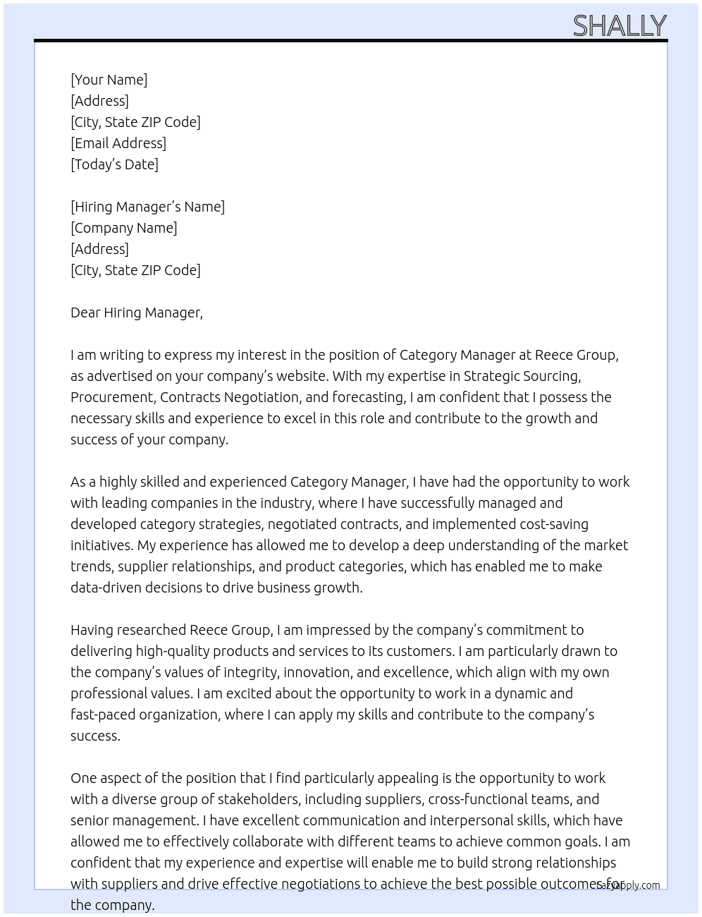 Category Manager At Reece Group Cover Letter