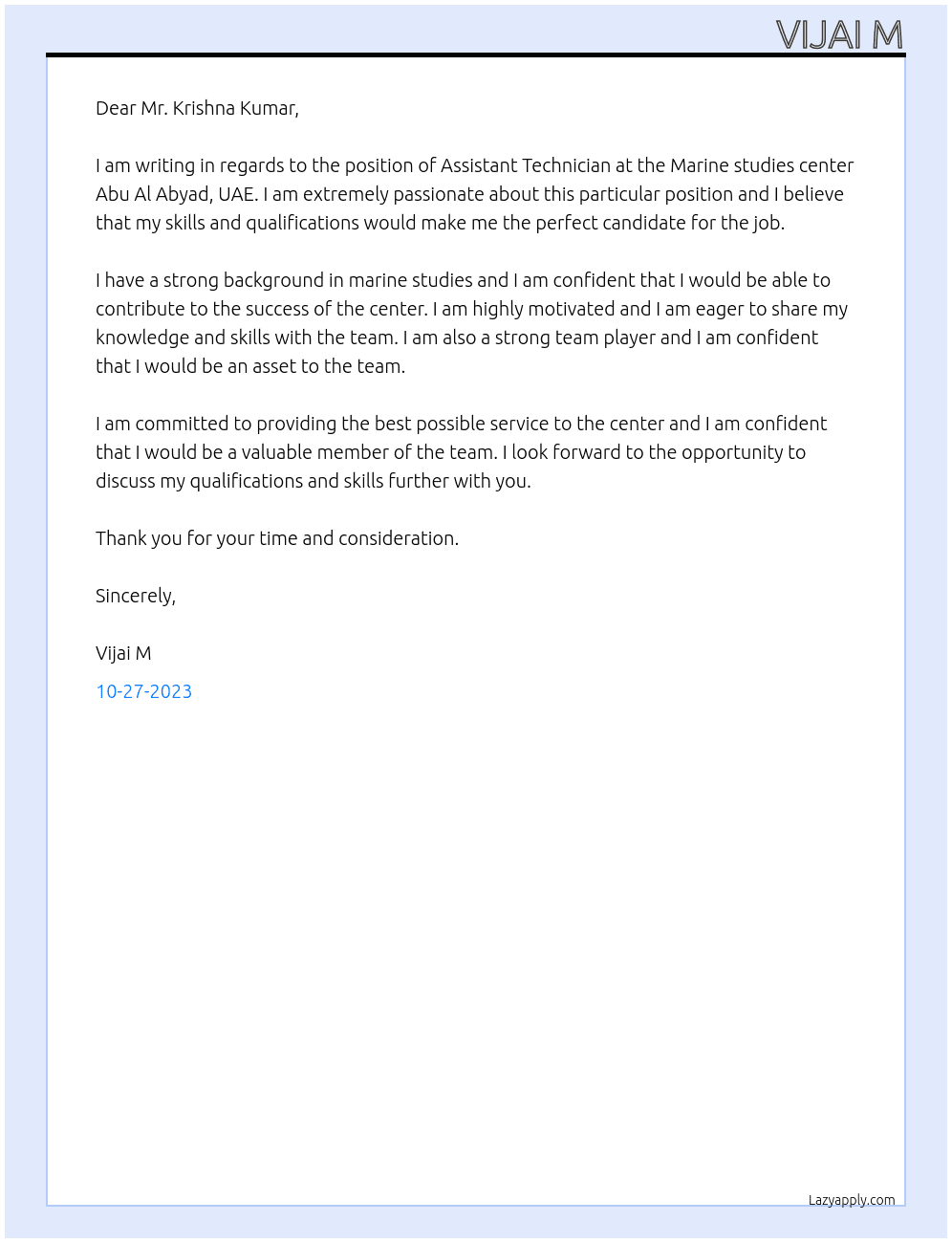Assistant Technician At Marine studies center Abu Al Abyad, UAE. Cover Letter