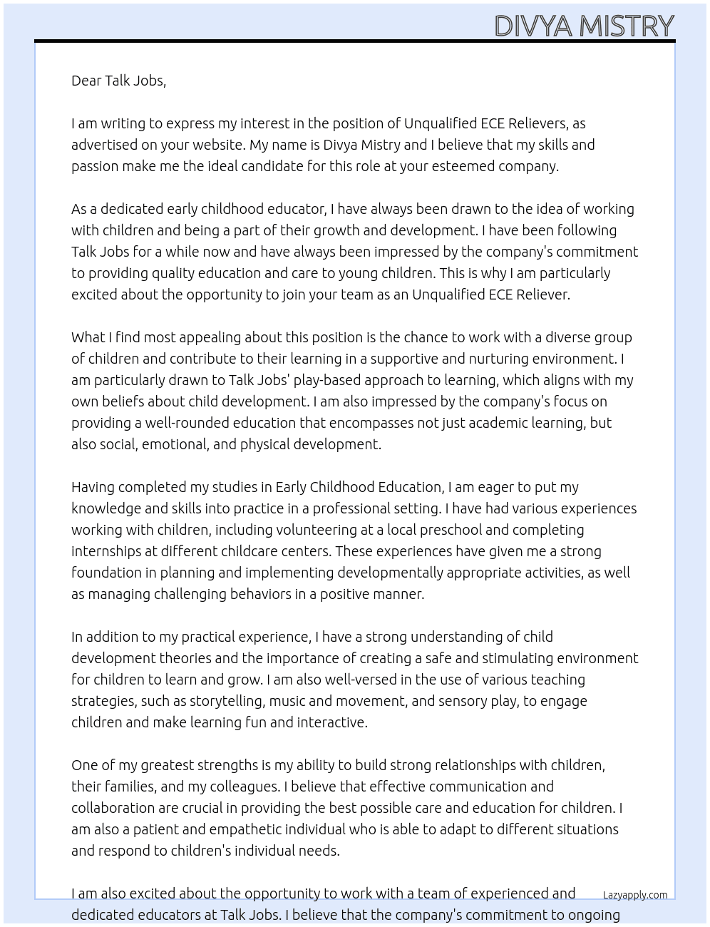 Unqualified ECE Relievers At Talk Jobs Cover Letter