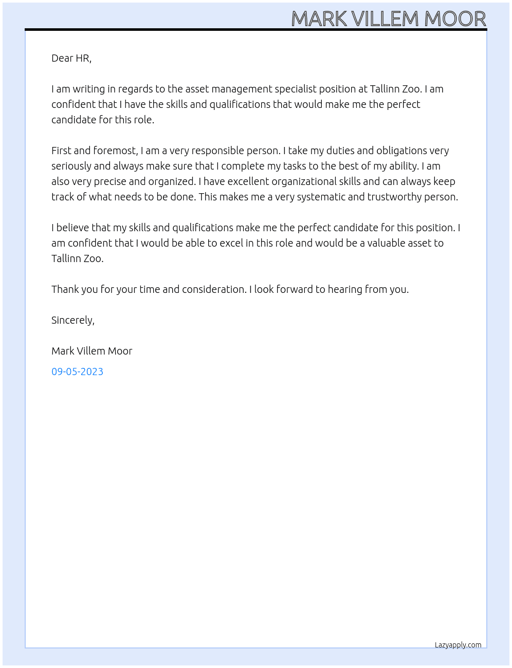 asset management specialist At Tallinn Zoo Cover Letter