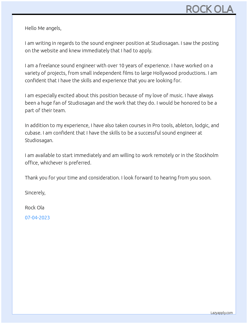 Sound engineer  At Studiosagan Cover Letter