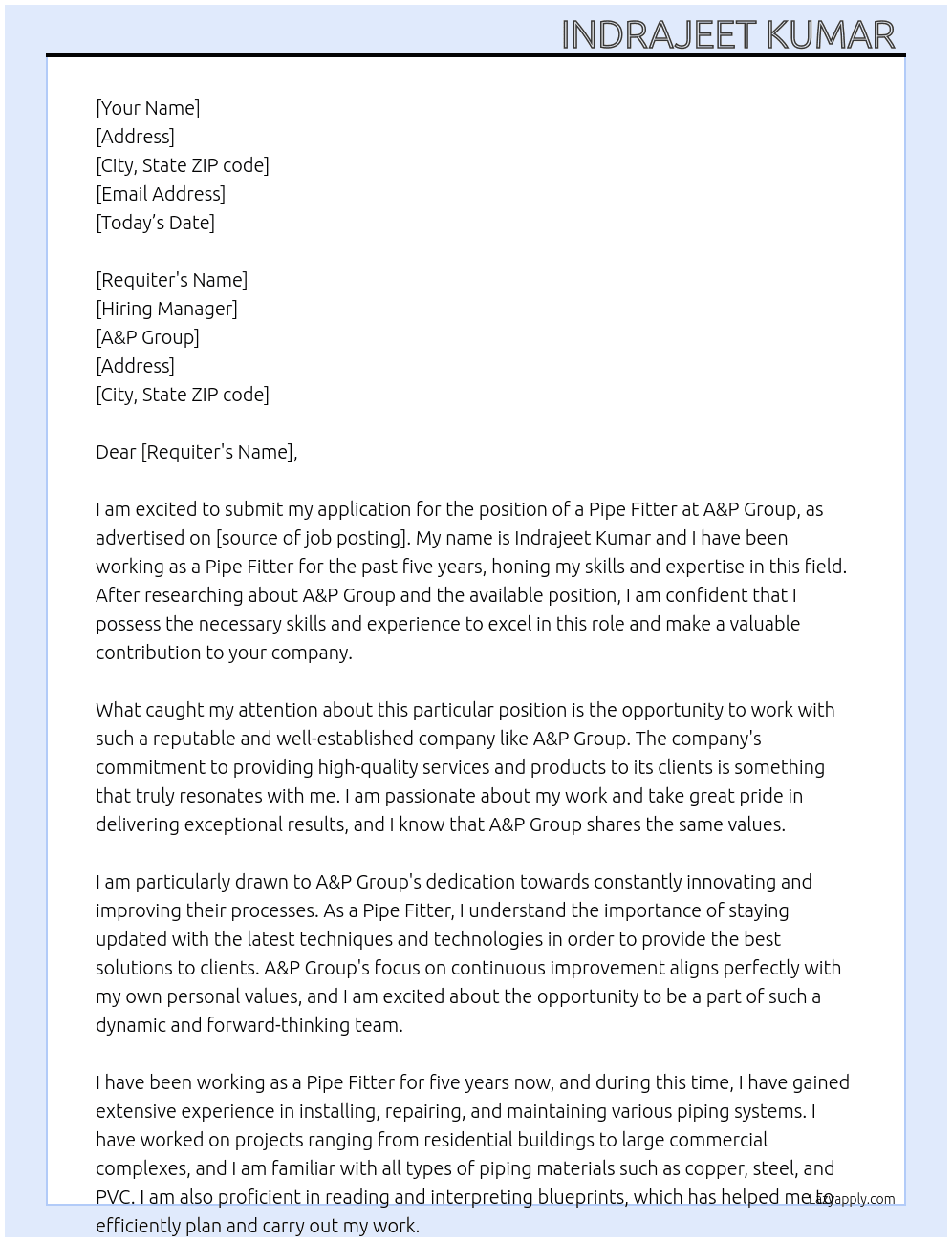 Pipe fitter  At A&P group  Cover Letter