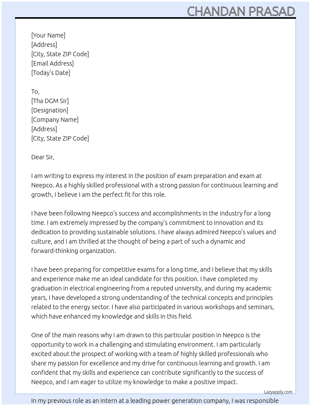 Application for exam preparation and exam  At Neepco  Cover Letter