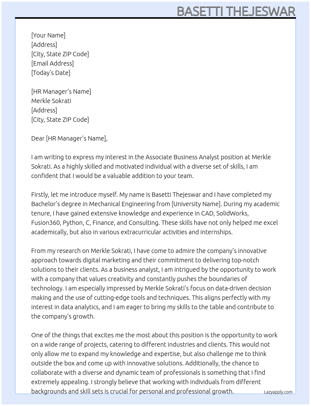 Associate Business Analyst At merkle sokrati  Cover Letter