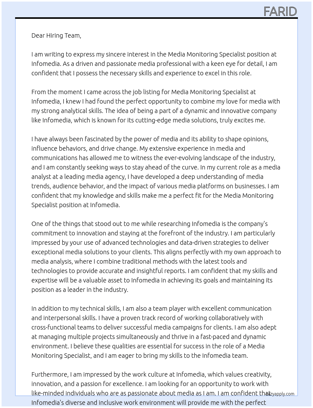 Media Monitoring Specialist At Infomedia Cover Letter