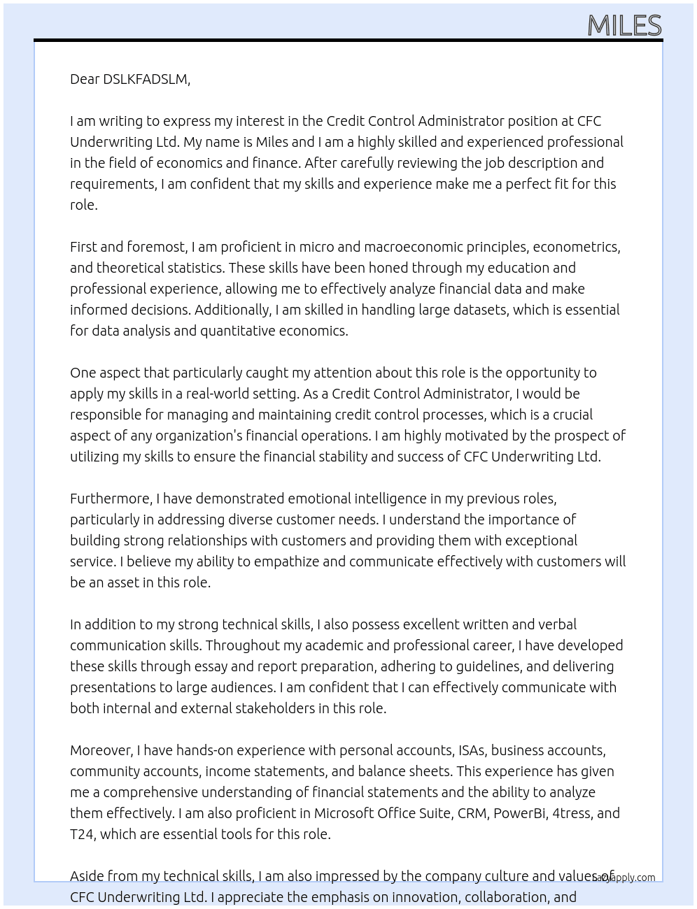 Credit Control Administrator At CFC UNDERWRITING LTD Cover Letter