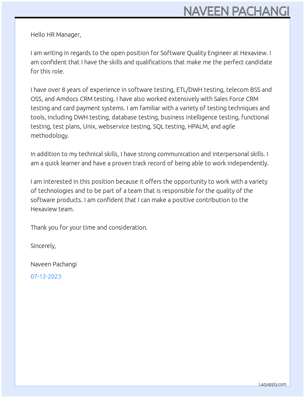 Software Quality Engineer At Hexaview Cover Letter