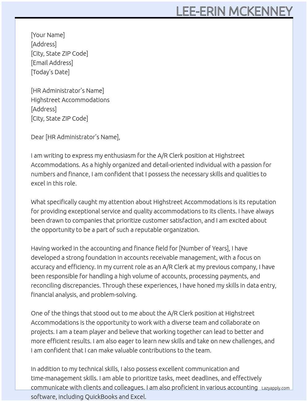 A/R Clerk At Highstreet Accommodations  Cover Letter