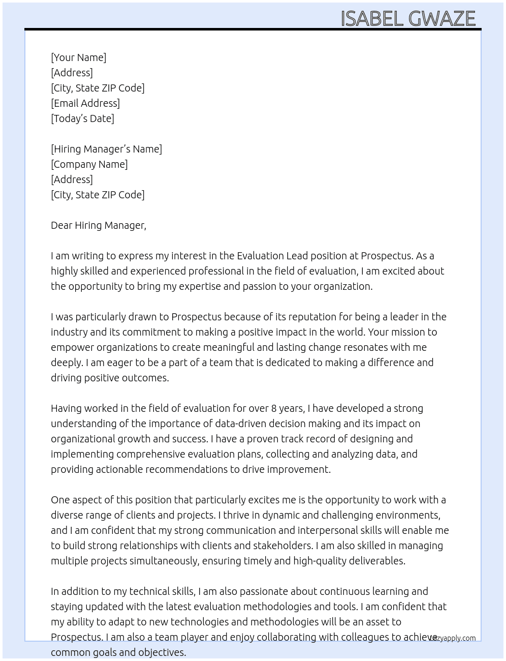 Evaluation Lead At Prospectus Cover Letter