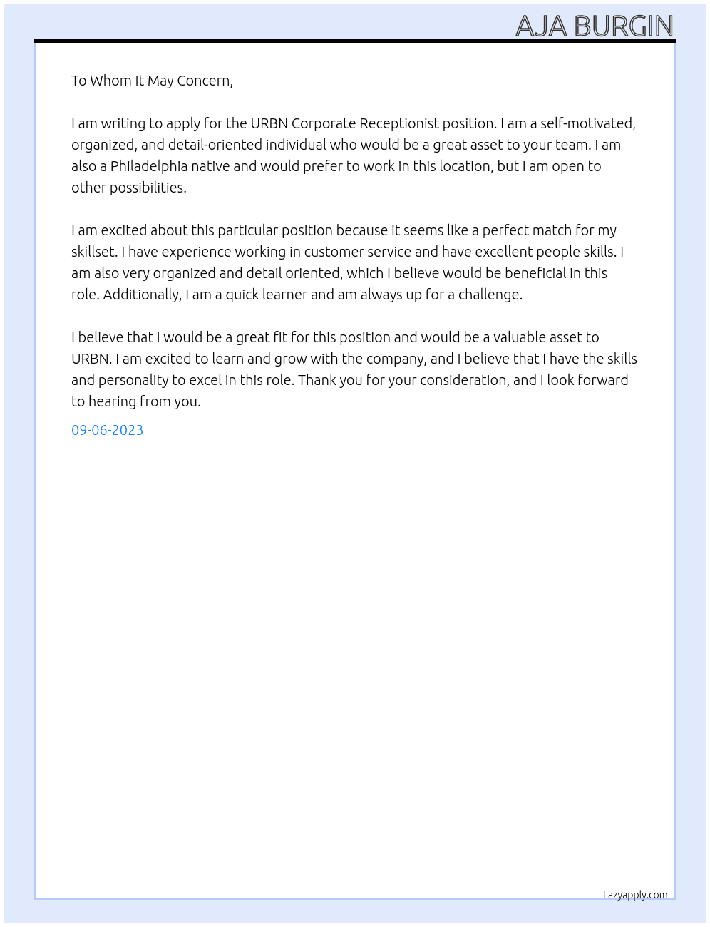 URBN Corporate Receptionist At URBN Cover Letter