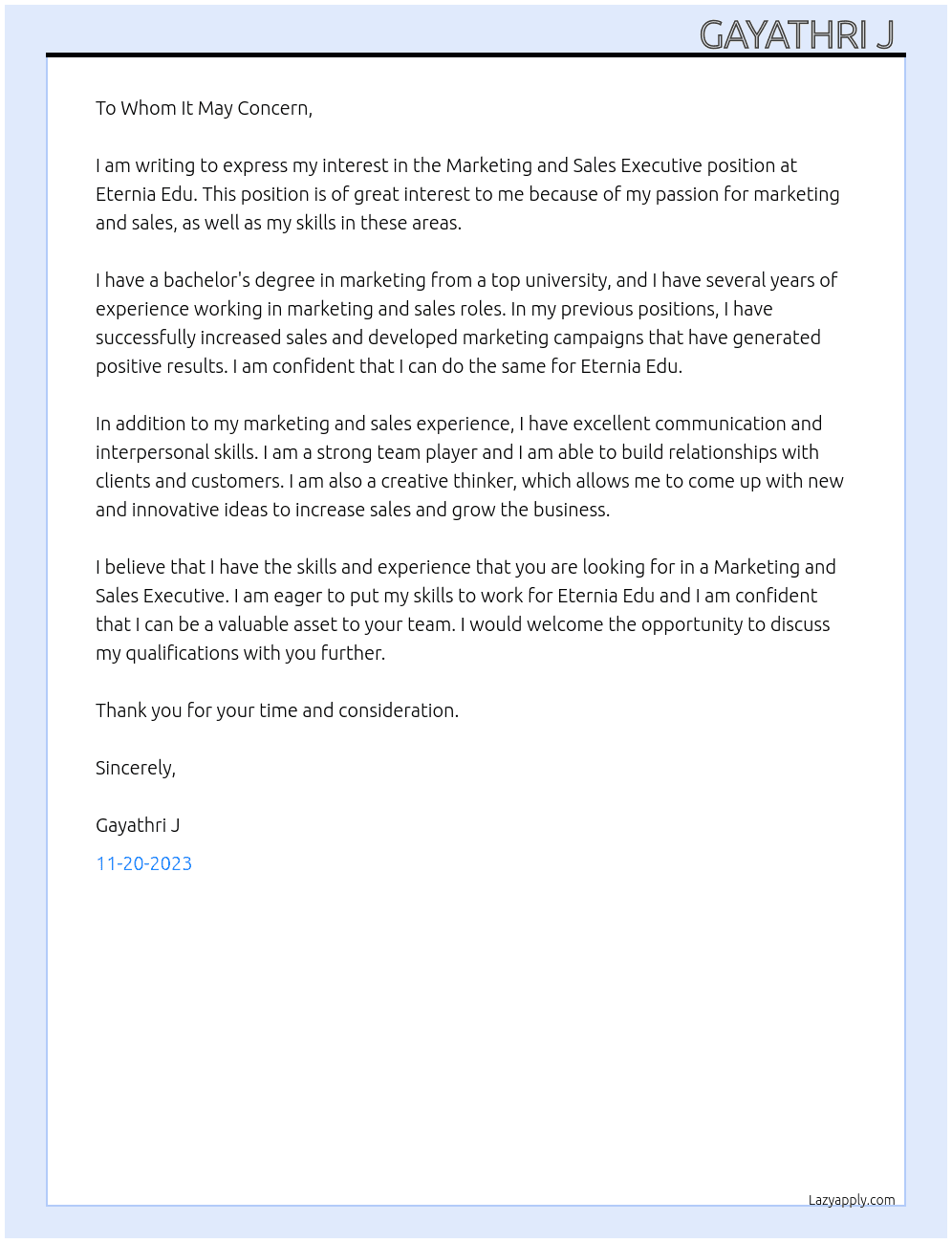 Marketing and sales executive  At Eternia Edu Cover Letter