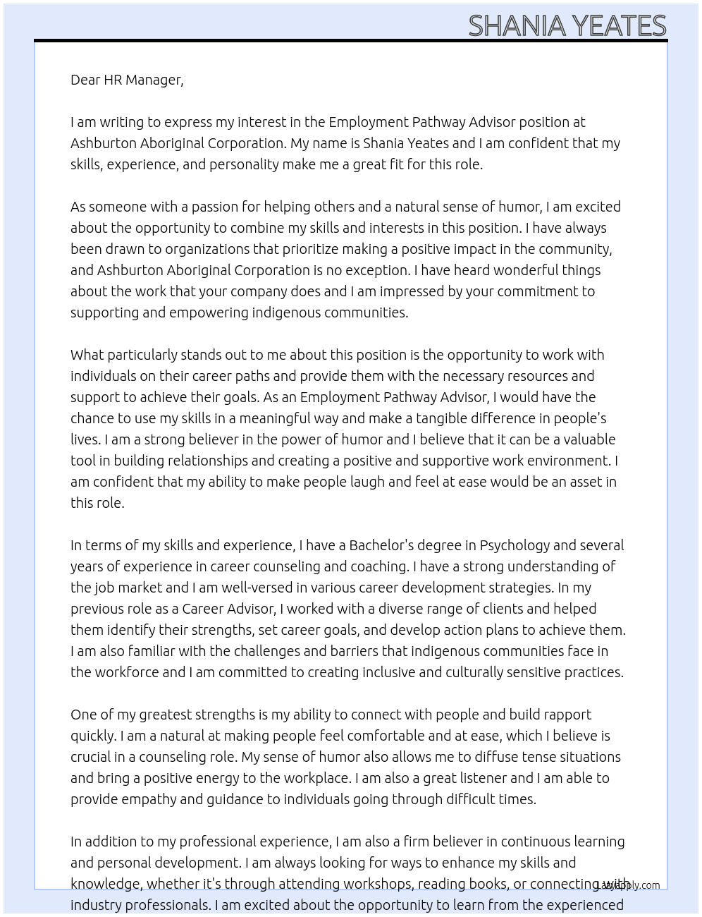 Employment Pathway Advisor  At Ashburton Aboriginal Corporation  Cover Letter