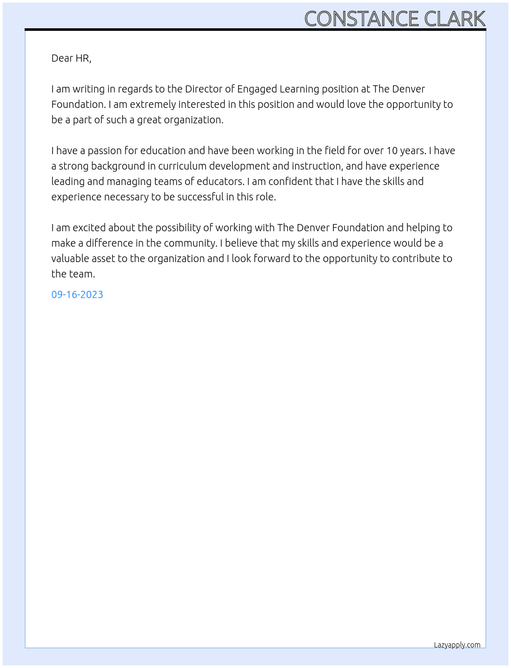 Director of Engaged Learning At The Denver Foundation Cover Letter