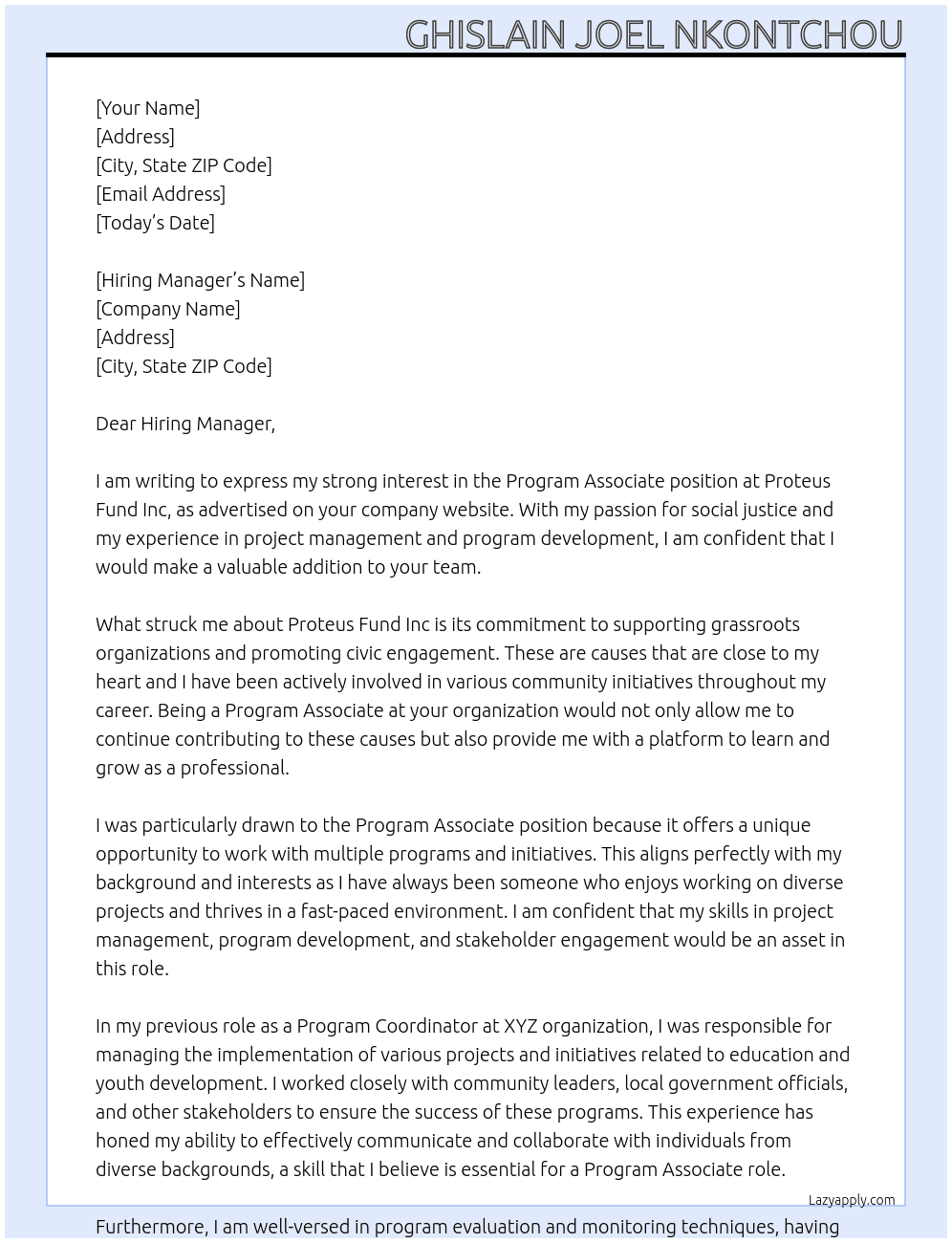 Program Associate At Proteus Fund Inc Cover Letter