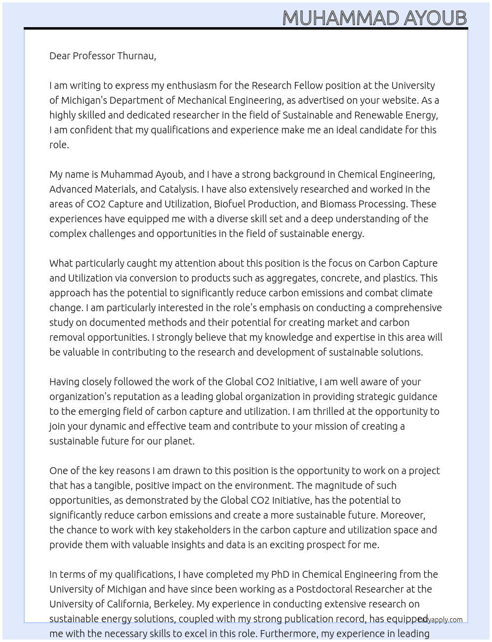 RESEARCH FELLOW At The University of Michigan, Department of Mechanical Engineering Cover Letter