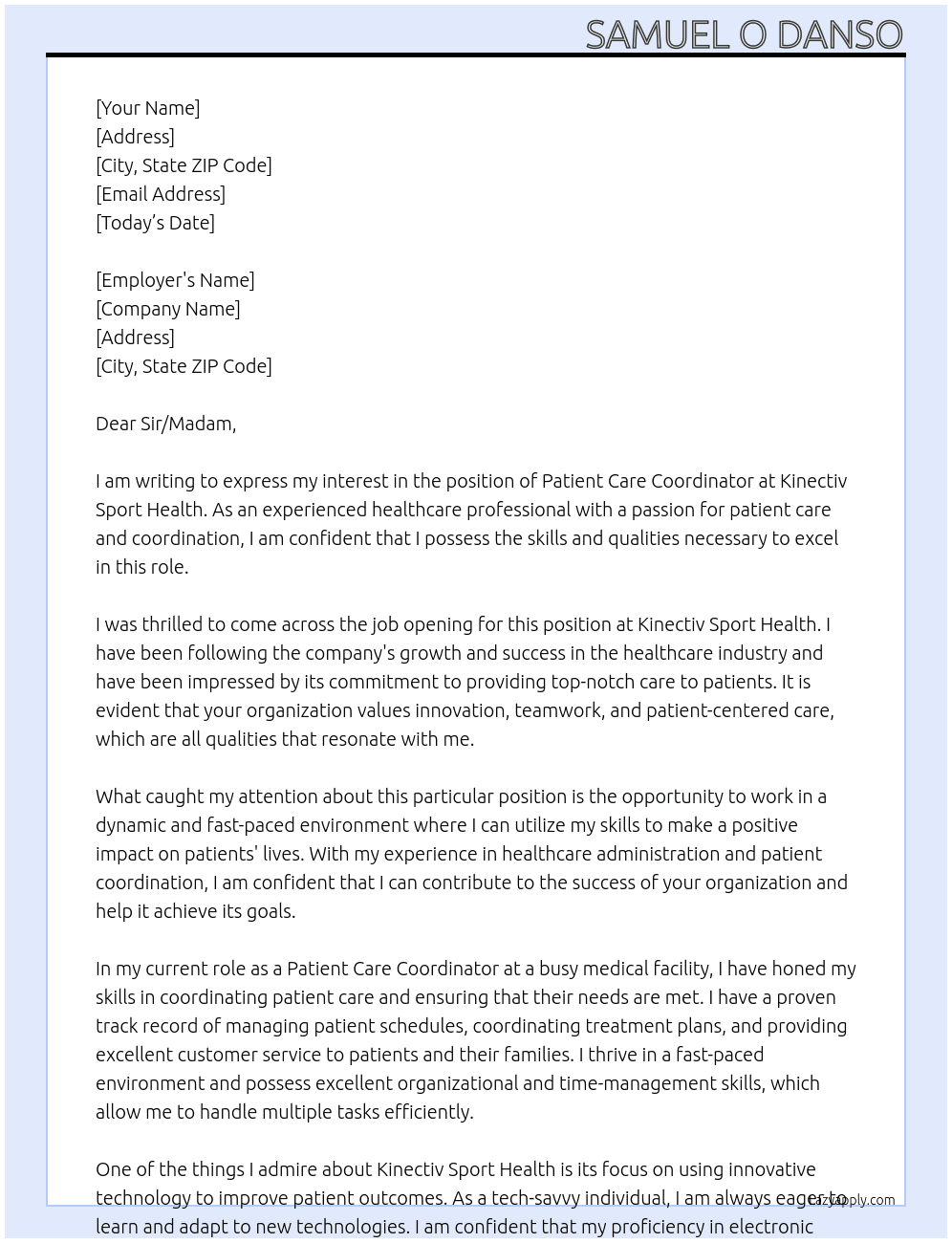 Patient Care Coordinator  At Kinectiv Sport Health Cover Letter