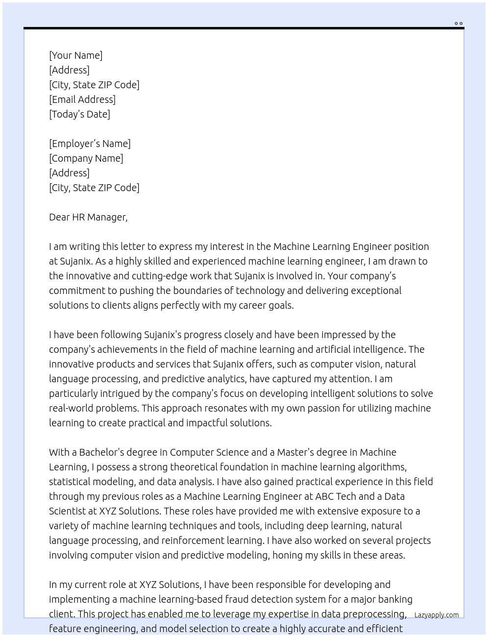 Machine learning Engineer  At Sujanix  Cover Letter