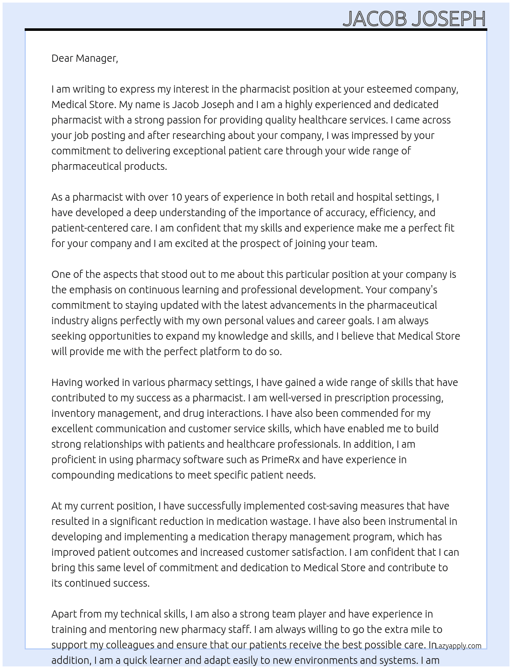 pharmacist At medical store Cover Letter