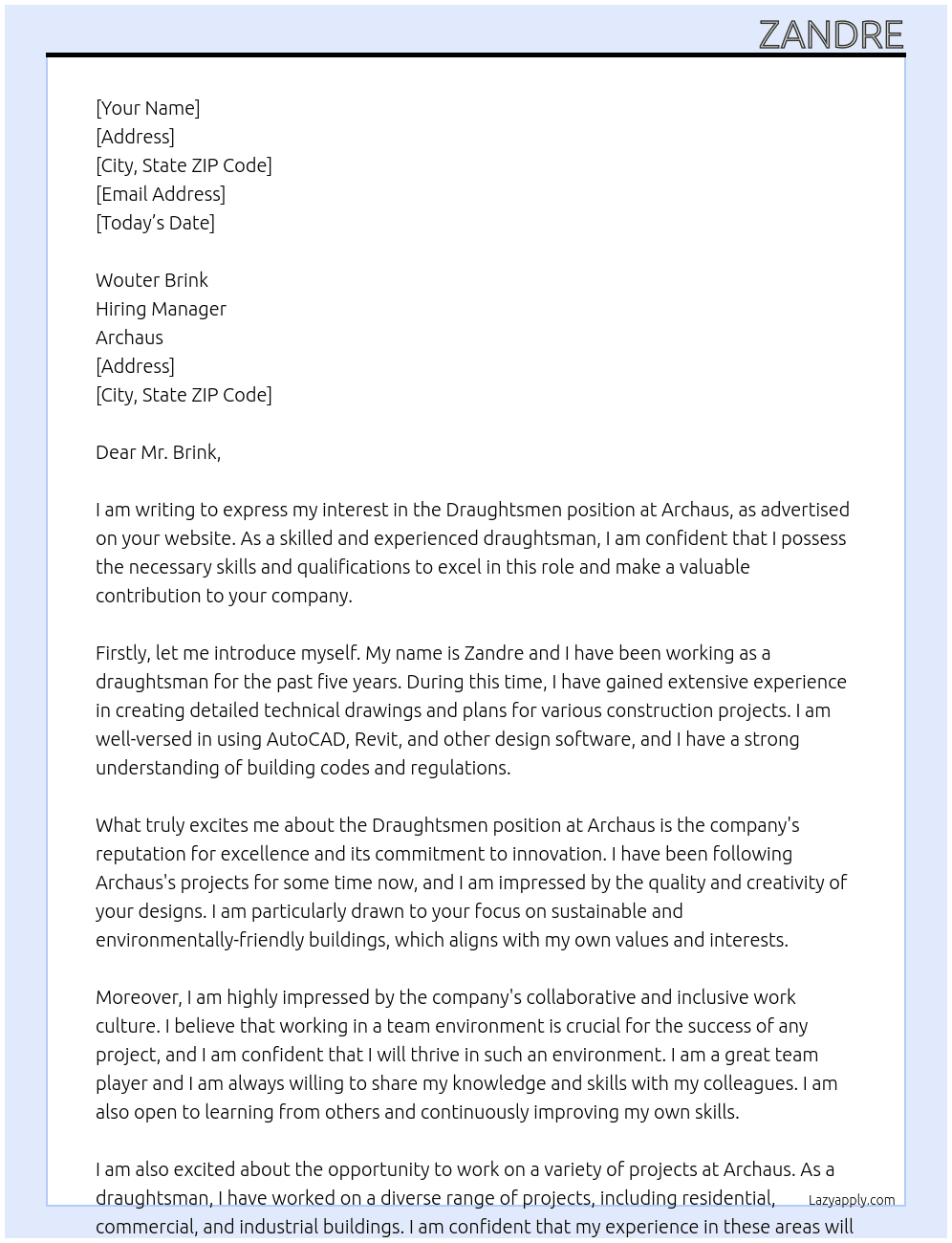 Draughtsmen At Archaus Cover Letter