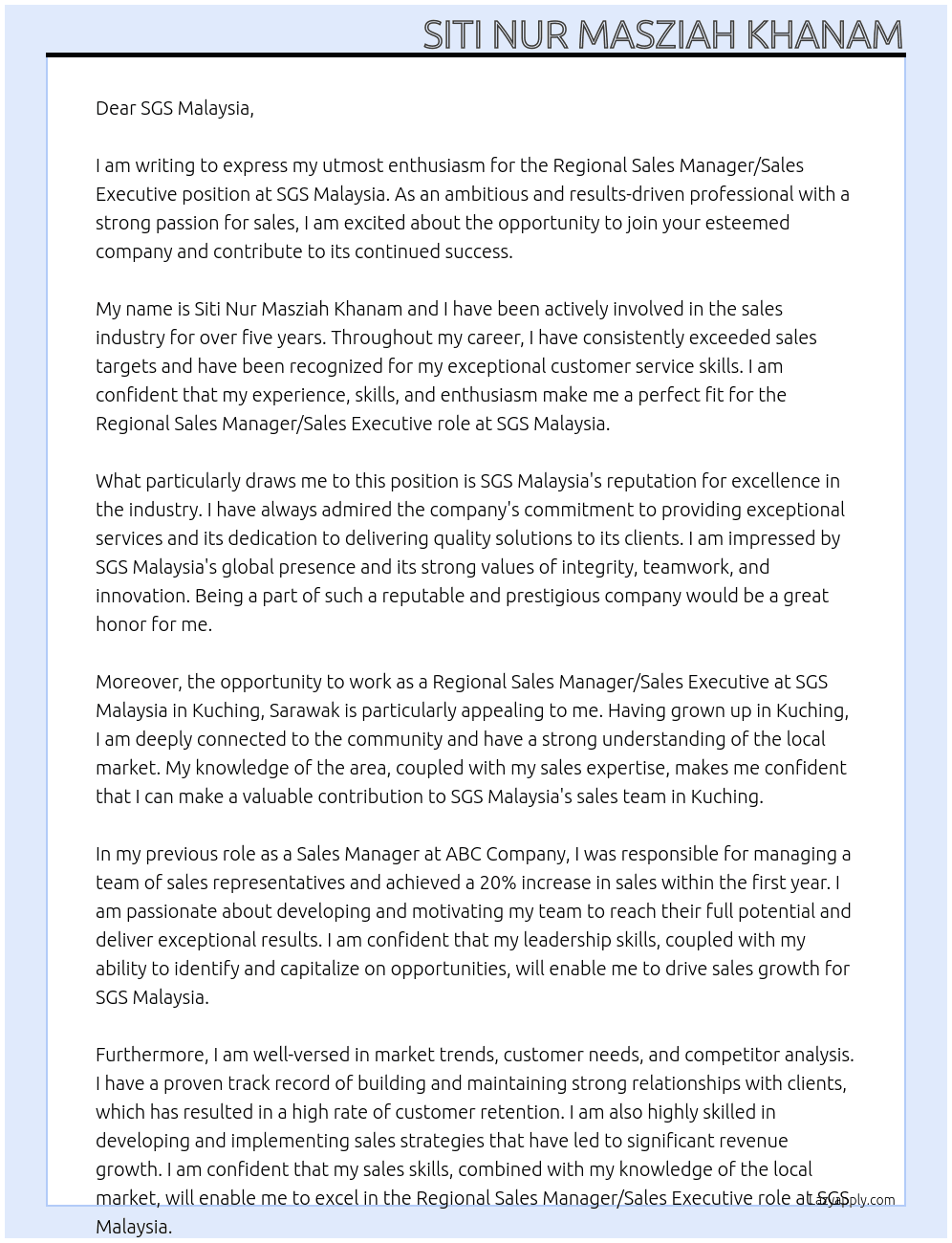 REGIONAL SALES MANAGER / SALES EXECUTIVE At SGS MALAYSIA  Cover Letter