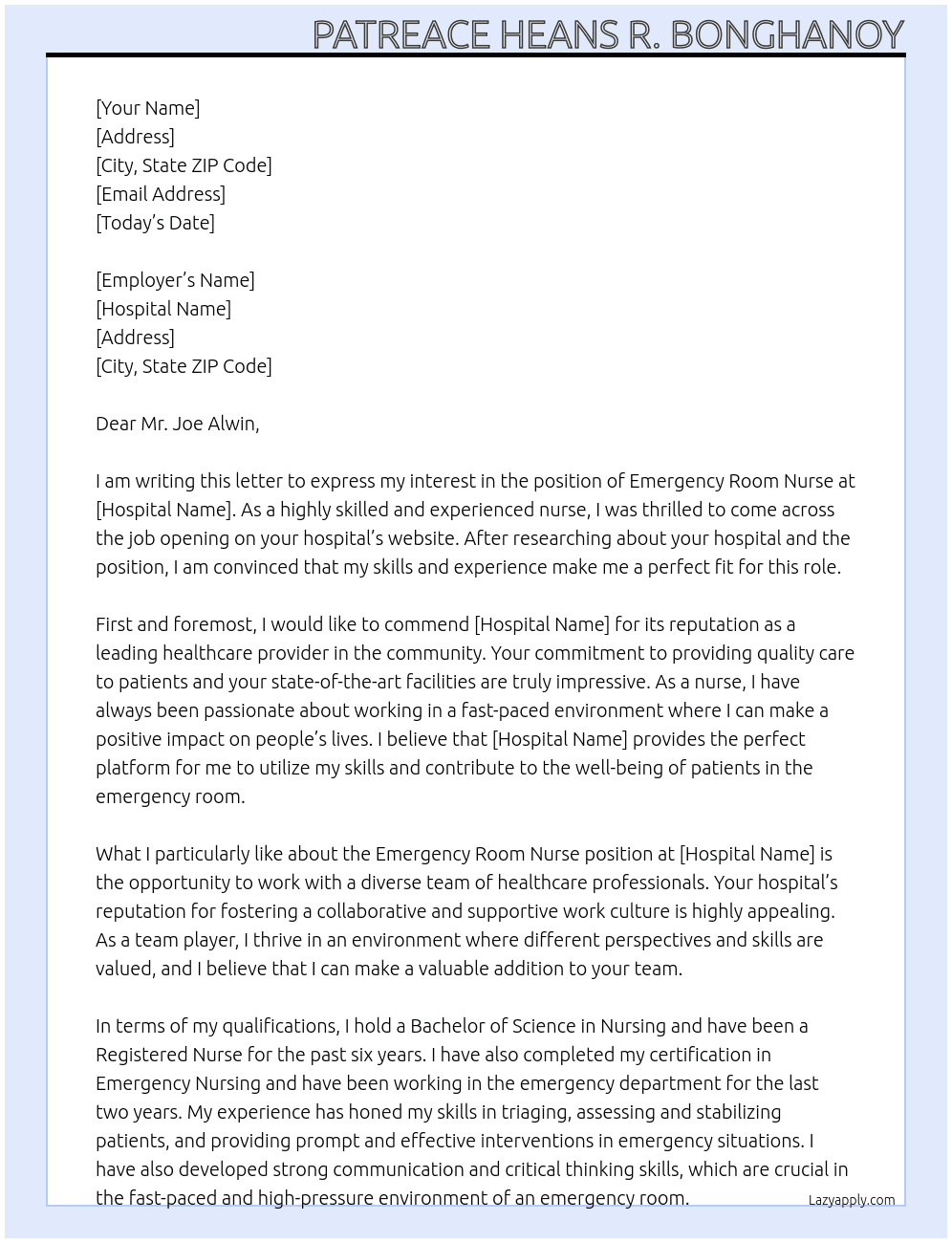 Emergency Room Nurse At Hospital Cover Letter