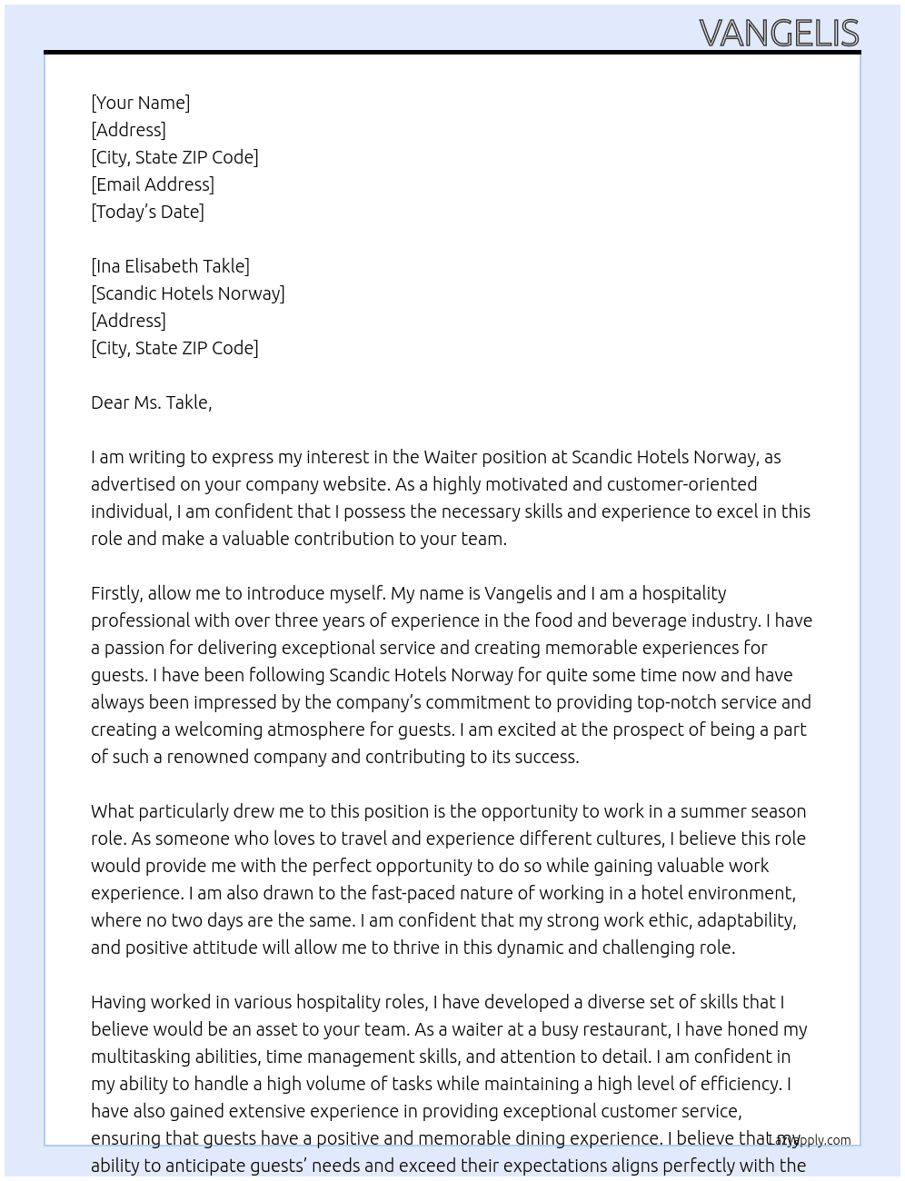 Waiter  At Scandic Hotels Norway Cover Letter