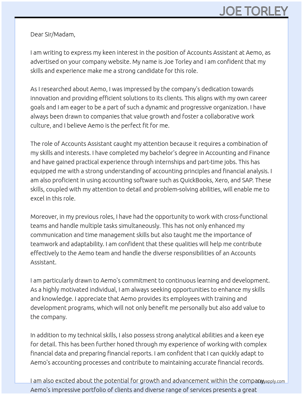 Accounts Assistant At Aemo Cover Letter