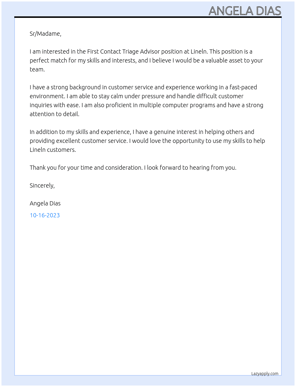 First Contact Triage Advisor At Lineln  Cover Letter