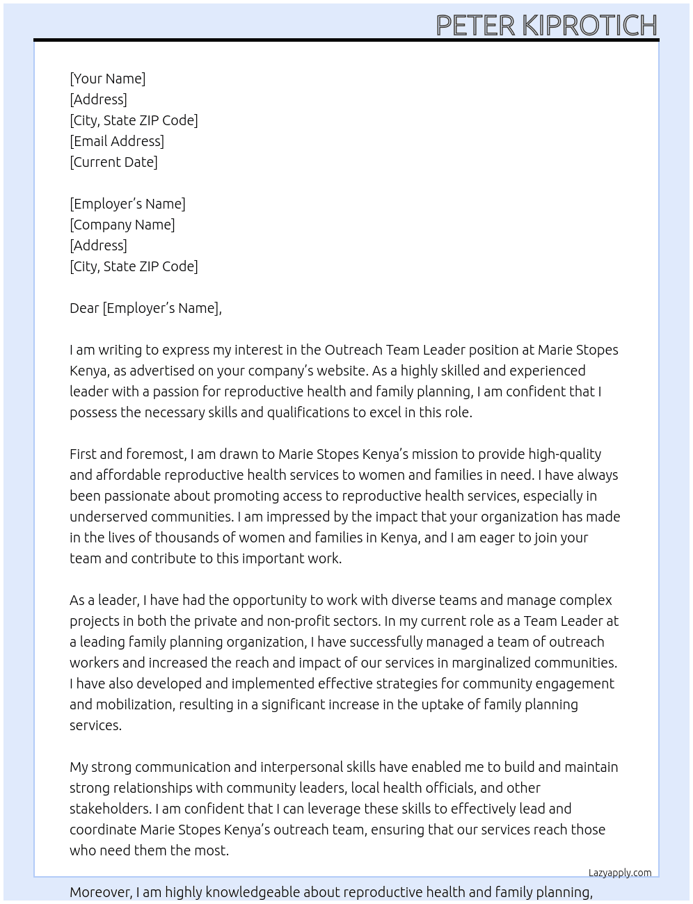 Outreach Team Leader At Marie Stopes Kenya Cover Letter