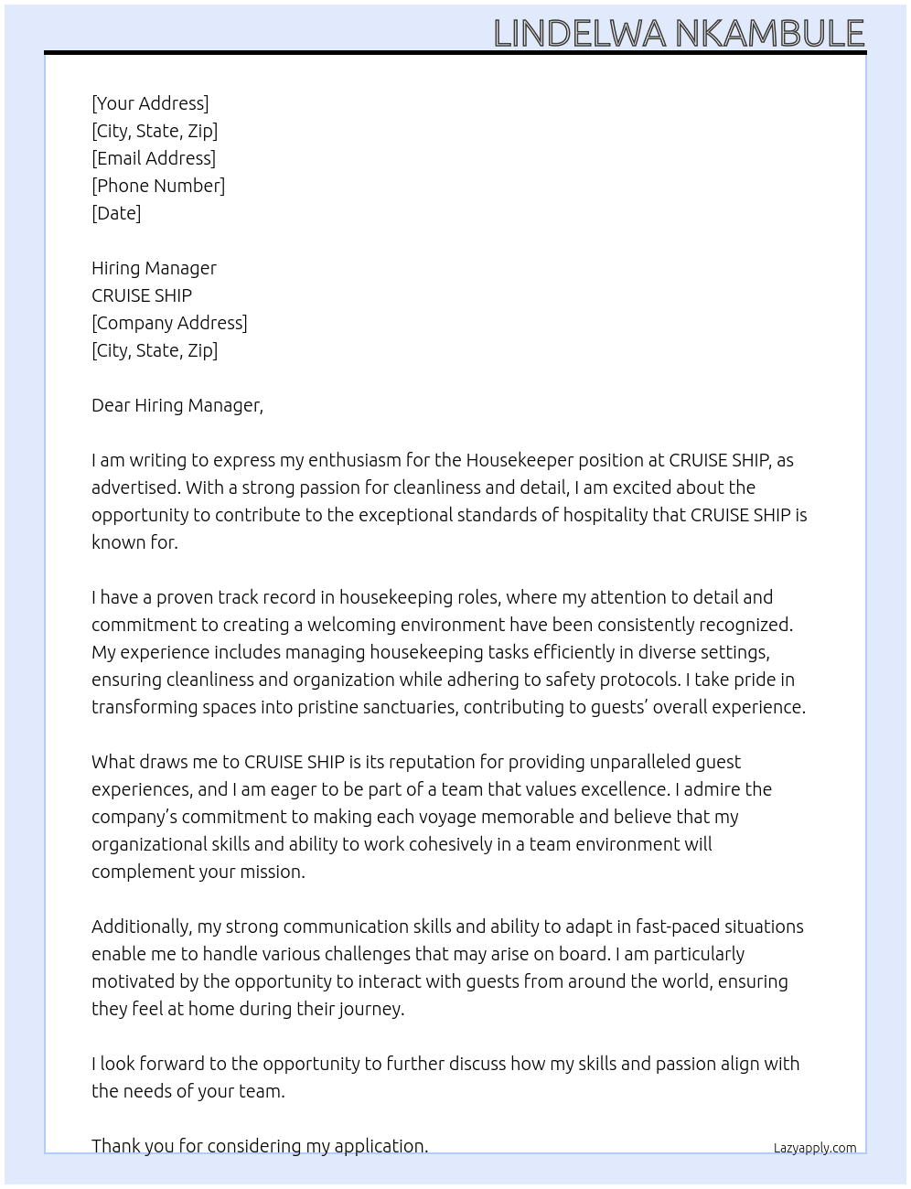 HOUSEKEEPER At CRUISE SHIP Cover Letter