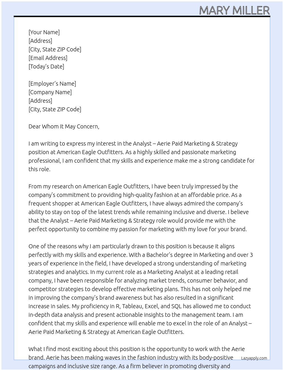 Analyst - Aerie Paid Marketing & Strategy At American Eagle Outfitters Cover Letter