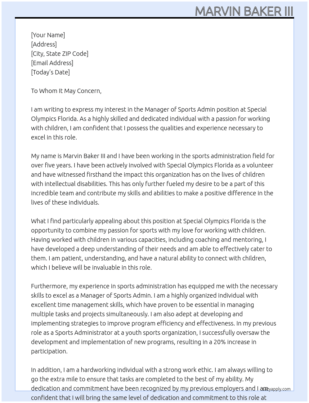Manager Sports Admin At Special Olympics Florida Cover Letter