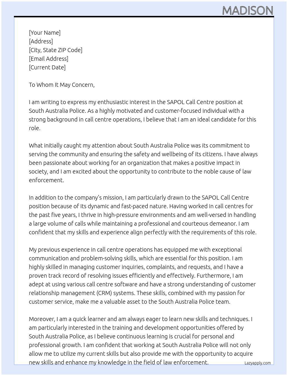 SAPOL Call Centre  At South Australia Police Cover Letter