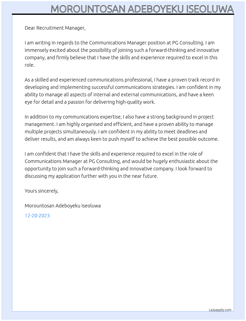 Communications Manager At PG Consulting Cover Letter