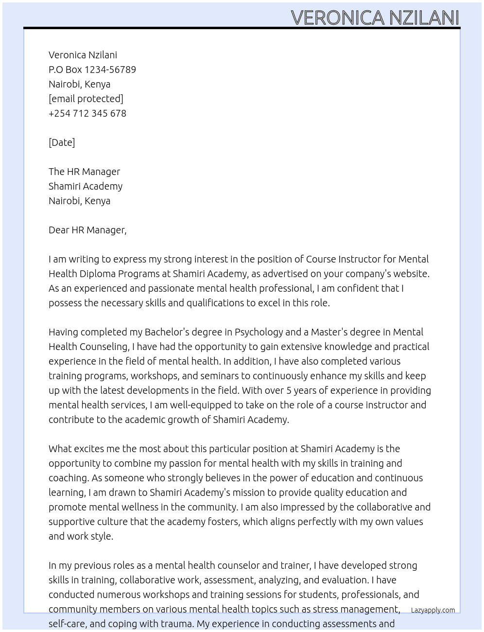COURSE INSTRUCTOR FOR MENTAL HEALTH DIPLOMA PROGRAMS At Shamiri Academy Cover Letter