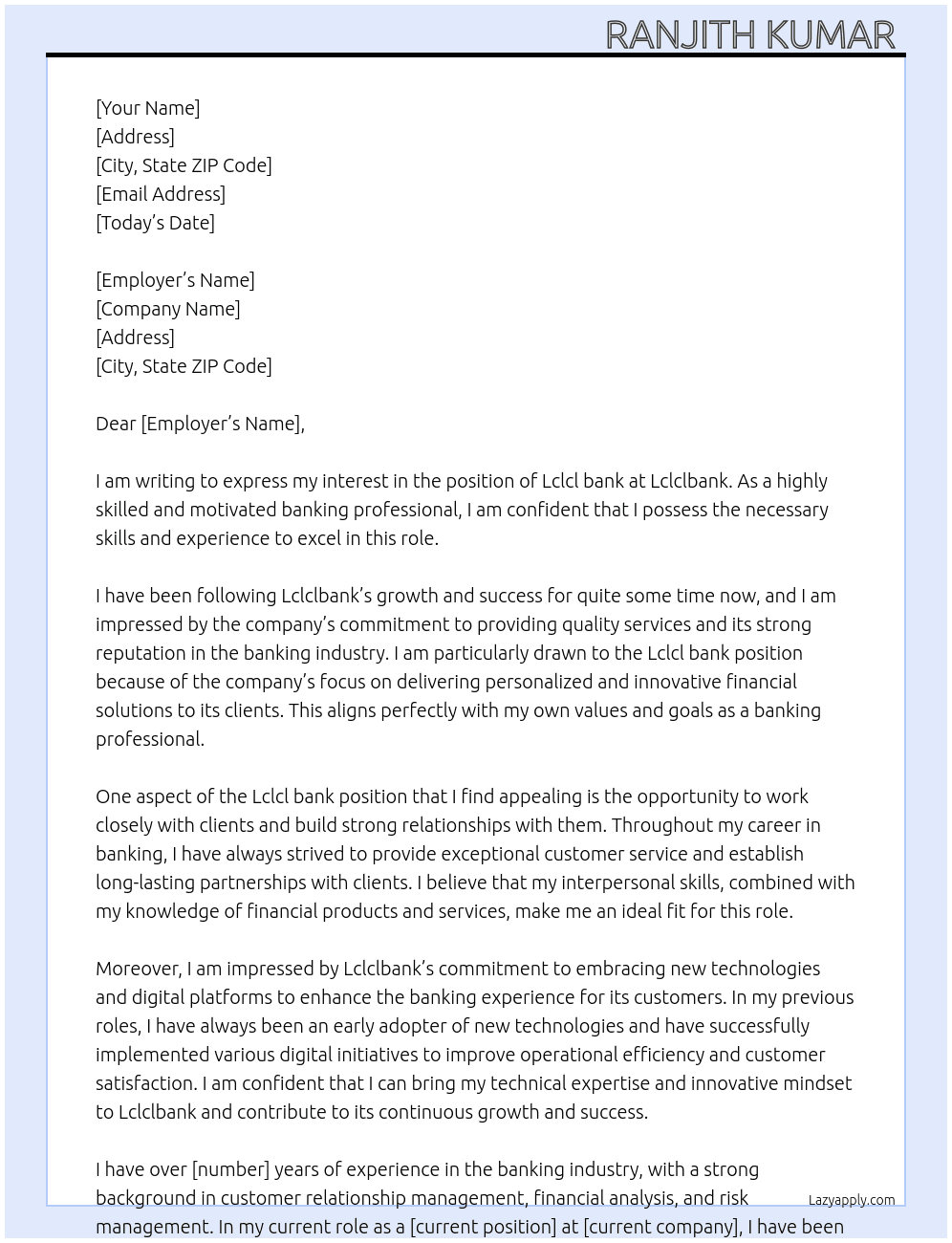Lclcl bank At Lclclbank Cover Letter