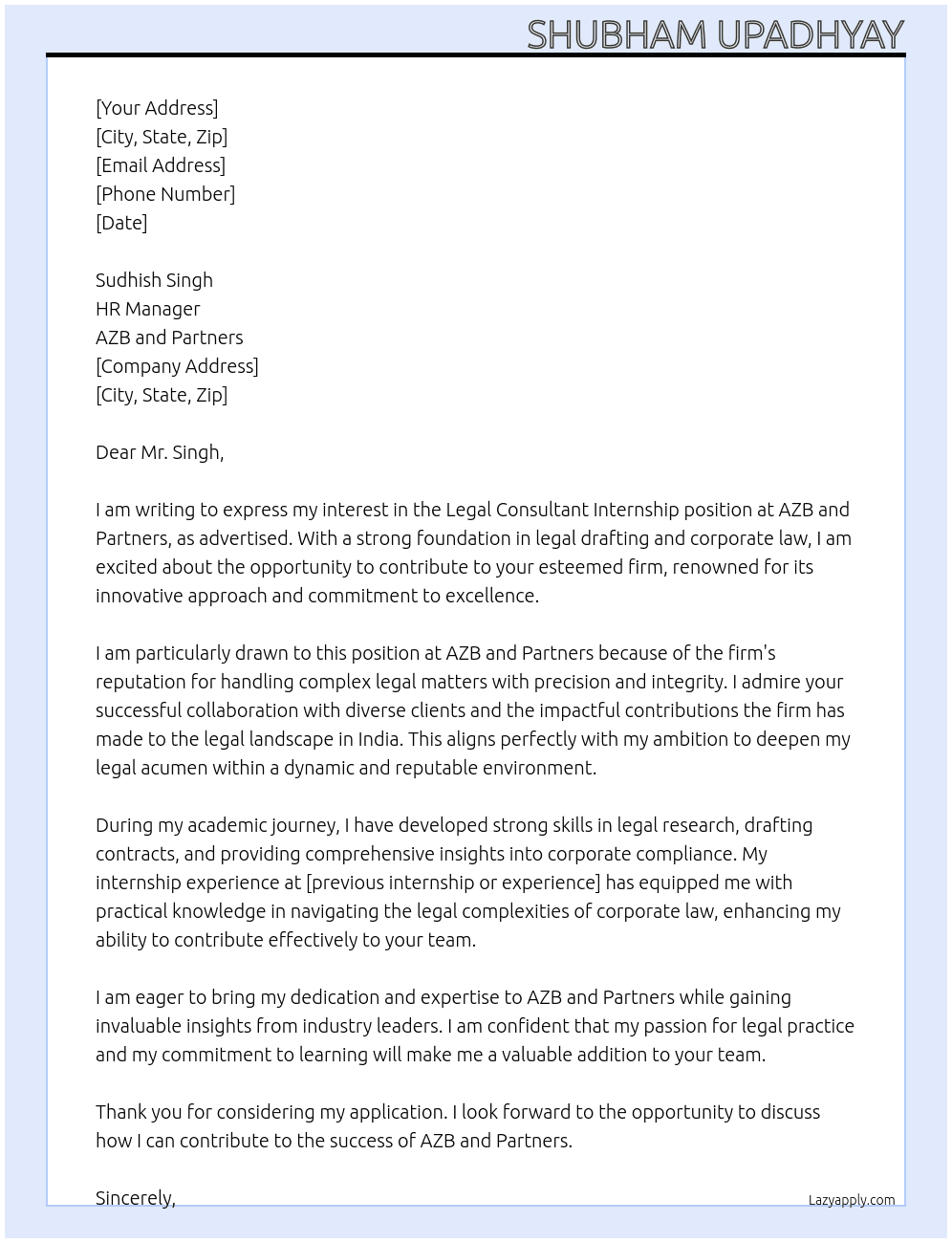 Legal consultant  At AZB and Partners Cover Letter